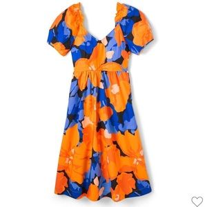 NWT Tabitha Brown Orange/Blue Puff Sleeve Tie-Back Midi Dress - Size 0